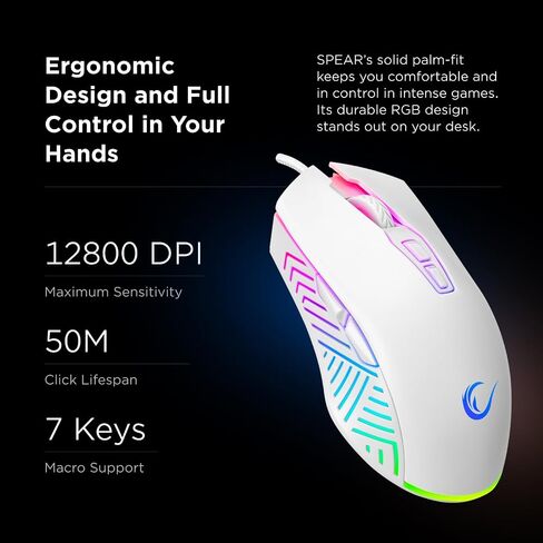 Rampage Spear V2 White Wired Gaming Mouse with RGB Lighting – 12800 DPI, 7 Programmable Buttons, Lightweight Ergonomic Gaming Mouse for PC/Mac/Laptop Gamers in Kuwait