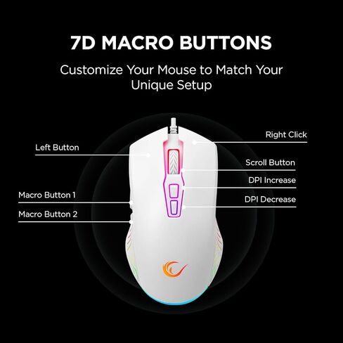 Rampage Spear V2 White Wired Gaming Mouse with RGB Lighting – 12800 DPI, 7 Programmable Buttons, Lightweight Ergonomic Gaming Mouse for PC/Mac/Laptop Gamers in Kuwait