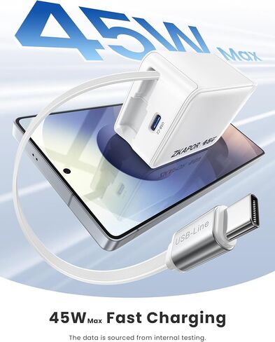 45W USB C Block Charger ، شاحن GAN القابل للسحب مع USB C Cable PD QC Charging Charge Charge مع قابس قابل للطي لـ iPhone 16 15 Pro Max/Plus ، Pad ، MacBook Air ، Galaxy S25 S24 وأكثر in Kuwait