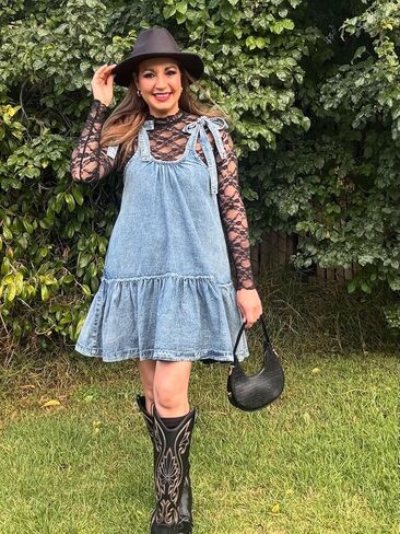 Vidifid Women Denim Cami Dress Tie Shoulder Ruffle Hem Short Dresses Babydoll Wash Jean Sundress with Pocket in Saudi Arabia