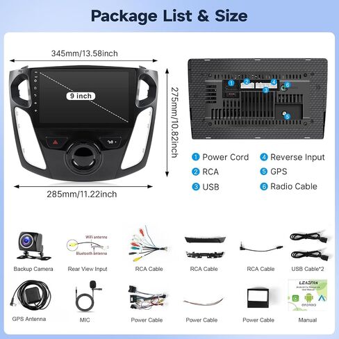 راديو سيارات Leadfan Android لـ Ford Focus 2012-2018 مع شاشة تعمل باللمس اللاسلكية Android Auto ، 9 '' HD مع GPS Mavigation Bluetooth WiFi Link Microphone 2+32g in Kuwait