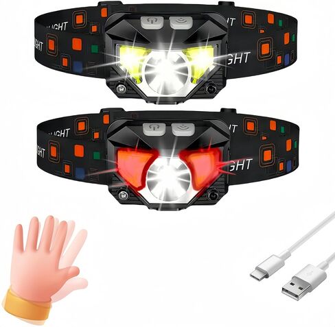 مصابيح الأمامية ، 2 عبوة قابلة للشحن ، مصباح يدوي Superlight ، 1200 مصباح أمامي LUMEN LED LED مع الضوء الأبيض والأحمر ، مستشعر حركة مقاوم للماء ، 8 أوضاع للمشي لمسافات طويلة ، الصيد ، التخييم ، الجري ، الجري in Kuwait