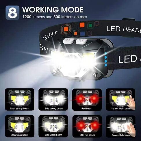 مصابيح الأمامية ، 2 عبوة قابلة للشحن ، مصباح يدوي Superlight ، 1200 مصباح أمامي LUMEN LED LED مع الضوء الأبيض والأحمر ، مستشعر حركة مقاوم للماء ، 8 أوضاع للمشي لمسافات طويلة ، الصيد ، التخييم ، الجري ، الجري in Kuwait