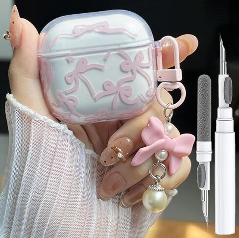 Case Case Airpod 4 Case Cover 2024 for Girly Bow Pattern Design Design Bowknot Aealbroof Airpod Airpod 4th Generation Generation ، مع مجموعة Keying Kit & Bow Pearl Keychain in Kuwait
