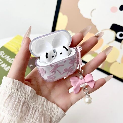 Case Case Airpod 4 Case Cover 2024 for Girly Bow Pattern Design Design Bowknot Aealbroof Airpod Airpod 4th Generation Generation ، مع مجموعة Keying Kit & Bow Pearl Keychain in Kuwait