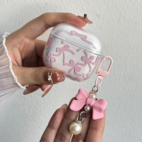 Case Case Airpod 4 Case Cover 2024 for Girly Bow Pattern Design Design Bowknot Aealbroof Airpod Airpod 4th Generation Generation ، مع مجموعة Keying Kit & Bow Pearl Keychain in Kuwait