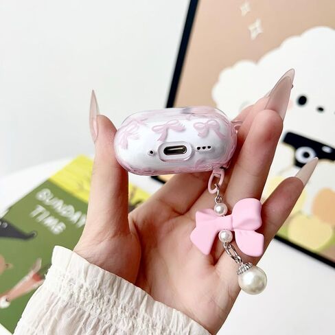 Case Case Airpod 4 Case Cover 2024 for Girly Bow Pattern Design Design Bowknot Aealbroof Airpod Airpod 4th Generation Generation ، مع مجموعة Keying Kit & Bow Pearl Keychain in Kuwait