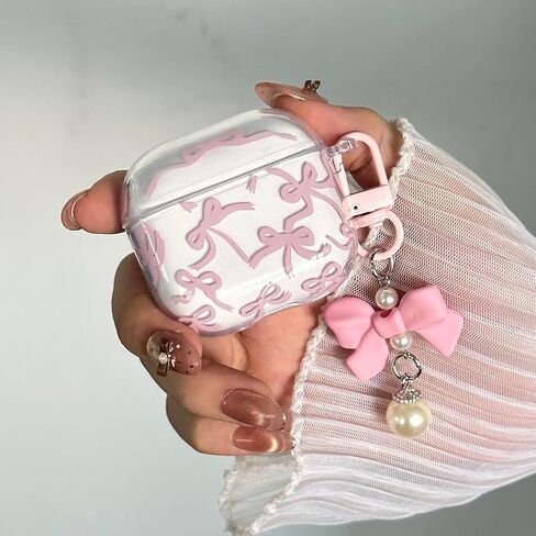 Case Case Airpod 4 Case Cover 2024 for Girly Bow Pattern Design Design Bowknot Aealbroof Airpod Airpod 4th Generation Generation ، مع مجموعة Keying Kit & Bow Pearl Keychain in Kuwait