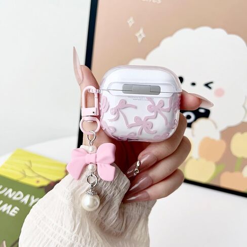 Case Case Airpod 4 Case Cover 2024 for Girly Bow Pattern Design Design Bowknot Aealbroof Airpod Airpod 4th Generation Generation ، مع مجموعة Keying Kit & Bow Pearl Keychain in Kuwait