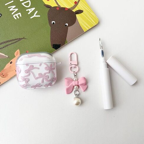 Case Case Airpod 4 Case Cover 2024 for Girly Bow Pattern Design Design Bowknot Aealbroof Airpod Airpod 4th Generation Generation ، مع مجموعة Keying Kit & Bow Pearl Keychain in Kuwait