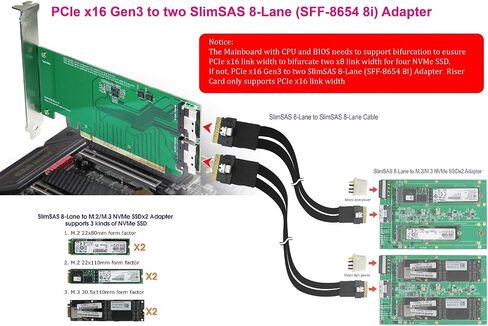 كابلات micro sata | PCIE Gen3 16 حارة إلى Slimline SAS (SFF-8654) محول 8i-دعم رباعي NVME SSD مع قدرات التشعب والتمديد in Kuwait