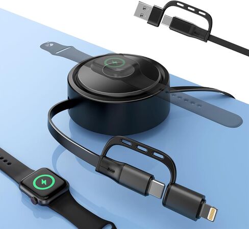 360 درجة ملصق سطح المكتب قابل للتدوير 100W قابلة للسحب USB C Apple+Samsung Smart Watch Charger Cable منظم ، Lightning/USB C لـ iPhone 16 15 14/iPad/iWatch Series SE 10 9 8/Samsung Watch 6/5/4/Active-Black in Kuwait