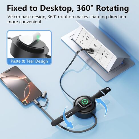 360 درجة ملصق سطح المكتب قابل للتدوير 100W قابلة للسحب USB C Apple+Samsung Smart Watch Charger Cable منظم ، Lightning/USB C لـ iPhone 16 15 14/iPad/iWatch Series SE 10 9 8/Samsung Watch 6/5/4/Active-Black in Kuwait