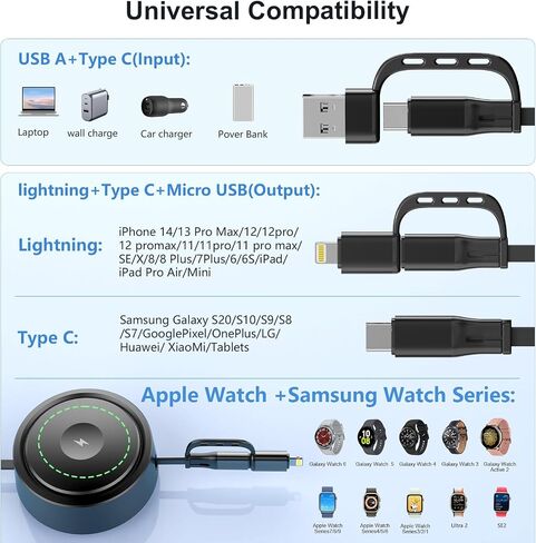 360 درجة ملصق سطح المكتب قابل للتدوير 100W قابلة للسحب USB C Apple+Samsung Smart Watch Charger Cable منظم ، Lightning/USB C لـ iPhone 16 15 14/iPad/iWatch Series SE 10 9 8/Samsung Watch 6/5/4/Active-Black in Kuwait
