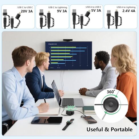 360 درجة ملصق سطح المكتب قابل للتدوير 100W قابلة للسحب USB C Apple+Samsung Smart Watch Charger Cable منظم ، Lightning/USB C لـ iPhone 16 15 14/iPad/iWatch Series SE 10 9 8/Samsung Watch 6/5/4/Active-Black in Kuwait