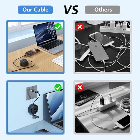 360 درجة ملصق سطح المكتب قابل للتدوير 100W قابلة للسحب USB C Apple+Samsung Smart Watch Charger Cable منظم ، Lightning/USB C لـ iPhone 16 15 14/iPad/iWatch Series SE 10 9 8/Samsung Watch 6/5/4/Active-Black in Kuwait