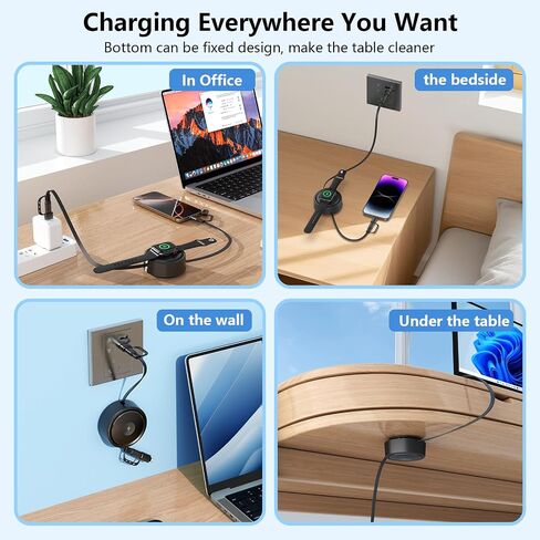 360 درجة ملصق سطح المكتب قابل للتدوير 100W قابلة للسحب USB C Apple+Samsung Smart Watch Charger Cable منظم ، Lightning/USB C لـ iPhone 16 15 14/iPad/iWatch Series SE 10 9 8/Samsung Watch 6/5/4/Active-Black in Kuwait