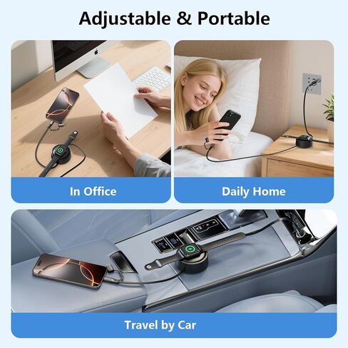 360 درجة ملصق سطح المكتب قابل للتدوير 100W قابلة للسحب USB C Apple+Samsung Smart Watch Charger Cable منظم ، Lightning/USB C لـ iPhone 16 15 14/iPad/iWatch Series SE 10 9 8/Samsung Watch 6/5/4/Active-Black in Kuwait