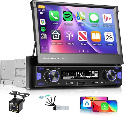 Hodozzy Single Din Flip Out Stereo مع Carplay Android Auto ، راديو شاشة لمس 7 بوصة مع راديو Bluetooth FM/AM/RDS ، رابط المرآة/USB/AUX/TYPE-C/عجلة القيادة+الكاميرا الاحتياطية in Kuwait