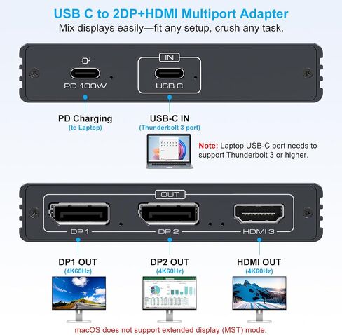 USB C to HDMI + 2 DisplayPort Adapter 3 Serwitors 4K60Hz DP HDMI SPLITTER 1 في 3 OUT للعرض الممتد مع شحن PD 100W ، التوصيل والتشغيل ، متوافق مع الكمبيوتر المحمول ، الكمبيوتر ، بطاقة USB-C in Kuwait