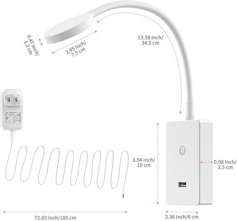 اللمس قابلاً للخلع جدارًا مثبتة على الحائط بجانب القراءة ، مصباح قراءة جدار LED مرن أسود للأسود في غرفة نوم ، إضاءة بيضاء بعرض 120 درجة ، مع منفذ إخراج USB 5V2A in Kuwait