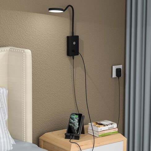 اللمس قابلاً للخلع جدارًا مثبتة على الحائط بجانب القراءة ، مصباح قراءة جدار LED مرن أسود للأسود في غرفة نوم ، إضاءة بيضاء بعرض 120 درجة ، مع منفذ إخراج USB 5V2A in Kuwait