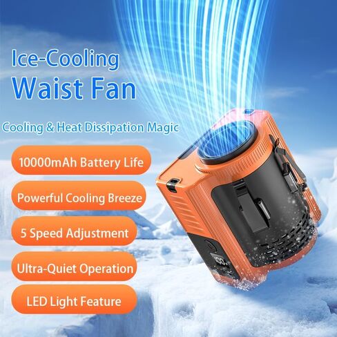 JSD N610Y مروحة معلقة بالخصر المحمولة مع بنك الطاقة 10000MAH ، ومستويات 5 سرعات ، والرياح الباردة ، وضوء LED-مروحة تبريد شخصية خالية من اليدين للأنشطة الخارجية in Kuwait
