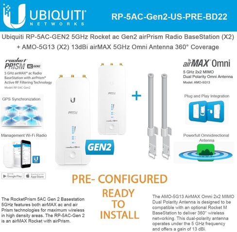 Rocket Prism AC Gen2 RP-5AC-GEN2-US (وحدتان) قاعدي الراديو 5 جيجا هرتز تم تكوينه مسبقًا مع هوائي Airmax Omni Amo-5G13 (وحدتان) 13DBI 5GHZ 360 ° (جاهز للتثبيت) in Kuwait