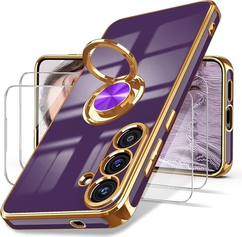 Dretal for Samsung Galaxy S25 FE 5G Case, Screen Protector, 360° Rotatable Ring Holder Magnetic Kickstand,Plated Gold Edge Slim Soft TPU Protective Phone Case Cover for Galaxy S25 FE (Black) in Kuwait