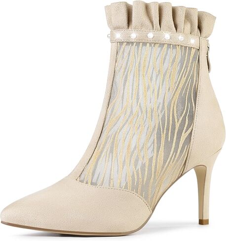Allegra K Women's Mesh Heel Boots Stiletto Heels Ruffle Ankle Boots in Kuwait