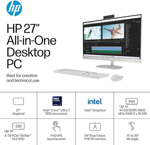 HP 27 بوصة جهاز سطح المكتب 27 بوصة-Intel 12-Cores Ultra 7-155U • 64GB DDR5 RAM ، 2TB SSD • عرض الشاشة التي تعمل باللمس FHD • Intel UHD Graphics • Windows 11 Pro • KB & Mouse • Wi-Fi 6 • HDMI in Kuwait