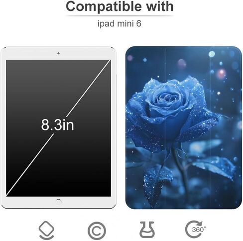 وردة زرقاء مع علبة بريق مع حامل القلم رفيع الخفيفة الوزن trifold موقف متوافق مع iPad mini 4/5/6 mini6 （8.3in） in Kuwait