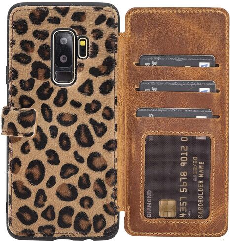 Venito Verona Leather Phone Case Compatible with Samsung Galaxy S9 Plus (6.2 inch) - RFID Blocking Snap-On Flip Back Cover Slim Phone Wallet Case (Furry Leopard) in Saudi Arabia