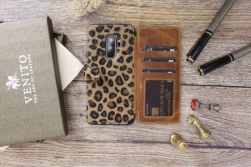 Venito Verona Leather Phone Case Compatible with Samsung Galaxy S9 Plus (6.2 inch) - RFID Blocking Snap-On Flip Back Cover Slim Phone Wallet Case (Furry Leopard) in Saudi Arabia