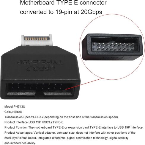اللوحة الأم USB3.2 النوع E إلى 19pin 20pin من النوع E إلى بطاقة توسيع أمامية للوحة الأمامية للوحة الأمامية مع Case Black in Kuwait
