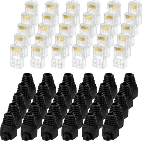 Meccanixity 30pcs Cat6 RJ45 تمر عبر الموصلات ، موصل RJ45 8P8C المقابس المطلية بالذهب مع أحذية تخفيف سلالة سوداء 30 بكسل لكابل Ethernet الصلب أو المتساقط ، 1.1 ملم in Kuwait