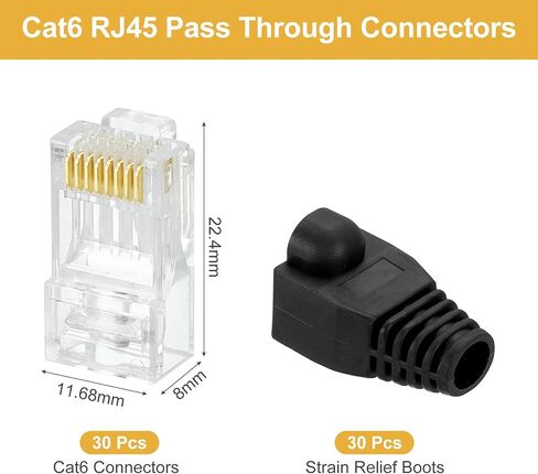 Meccanixity 30pcs Cat6 RJ45 تمر عبر الموصلات ، موصل RJ45 8P8C المقابس المطلية بالذهب مع أحذية تخفيف سلالة سوداء 30 بكسل لكابل Ethernet الصلب أو المتساقط ، 1.1 ملم in Kuwait