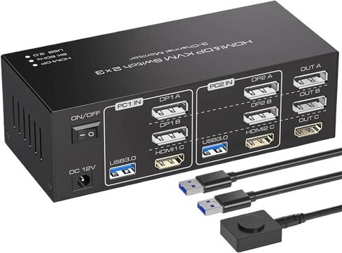 KVM Switch 3 Monitors 2 Computers HDMI+2Displayport 8K USB 3.0 KVM Swtich 2 PC Share Triple Monitor for Keyboard Mouse Hard Disk(EU Power Adapter) in Saudi Arabia