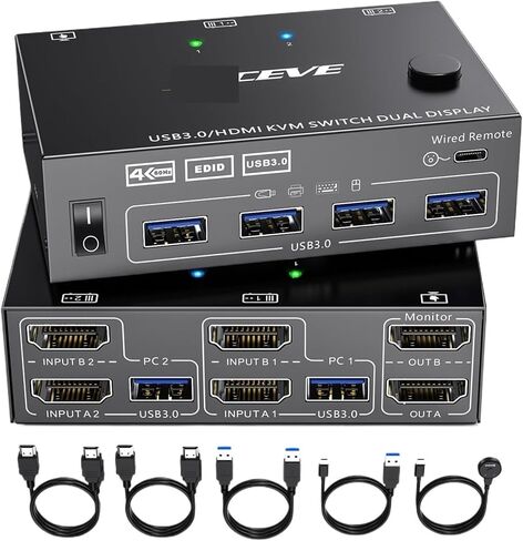 USB3.0 KVM Switch HDMI Dual Monitor ، USB HDMI Switcher Display Switcher لشاشات 2 كمبيوتر 2 و 4 منافذ USB 3.0 in Saudi Arabia