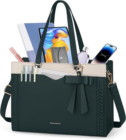 RAINSMORE Laptop Bag for Women 15.6 Inch Work Tote Bag with Detachable Strap & Bow Professional Laptop Tote with Cup Holder in Saudi Arabia