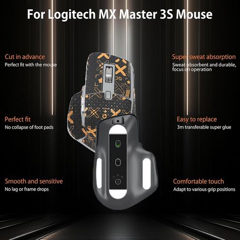 Mouse Grip Tape for Logitech MX Master 3S, Rounded Curved Edges Mouse Feet Skates,Self-Adhesive PreCut Sweat-Resistant Professional Mice Upgrade Kit(Foot pad + Black-Gold Mouse Tape) in Saudi Arabia