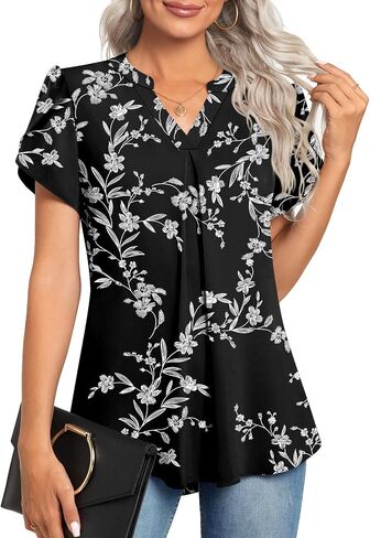 Anyhold Women's Summer Dressy Chiffon Blouse Notch V Neck Petal Sleeve Tops Loose Casual Cute Shirts for Work in Kuwait