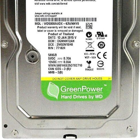 Western Digital WD5000AUDX AV-GP GREEN 500GB 32MB CACHE SATA 6.0GB/S 3.5 محرك أقراص صلبة داخلي (محرك عاري) (متجدد) in Kuwait