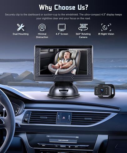 Rear Seat Baby Car Camera for Backseat HD-Rear-Facing Car Baby Monitor with Night Vision, Adjustable View Angle, Easy Setup,360°Rotatable car Camera, Safety for Kids with 4.3 inch IPS car Baby Monitor in Saudi Arabia
