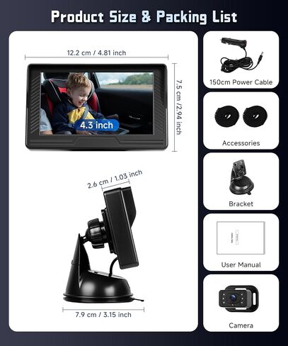 Rear Seat Baby Car Camera for Backseat HD-Rear-Facing Car Baby Monitor with Night Vision, Adjustable View Angle, Easy Setup,360°Rotatable car Camera, Safety for Kids with 4.3 inch IPS car Baby Monitor in Saudi Arabia