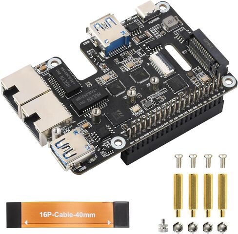 Waveshare PCIe to USB 3.2 Gen1 / 2.5G ETH/M.2 NVMe Adapter, Compatible with Raspberry Pi 5, Supports NVMe Protocol M.2 Solid State Drive, Expands 2-ch USB 3.2 Ports and 2-ch Ethernet Ports, HAT + in Saudi Arabia