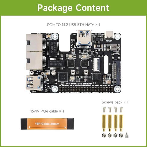 Waveshare PCIe to USB 3.2 Gen1 / 2.5G ETH/M.2 NVMe Adapter, Compatible with Raspberry Pi 5, Supports NVMe Protocol M.2 Solid State Drive, Expands 2-ch USB 3.2 Ports and 2-ch Ethernet Ports, HAT + in Saudi Arabia