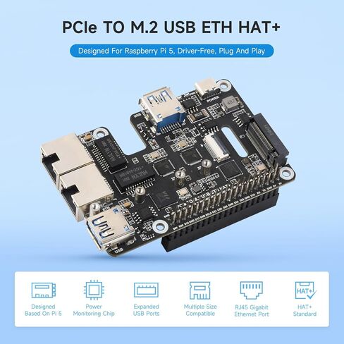 Waveshare PCIe to USB 3.2 Gen1 / 2.5G ETH/M.2 NVMe Adapter, Compatible with Raspberry Pi 5, Supports NVMe Protocol M.2 Solid State Drive, Expands 2-ch USB 3.2 Ports and 2-ch Ethernet Ports, HAT + in Saudi Arabia