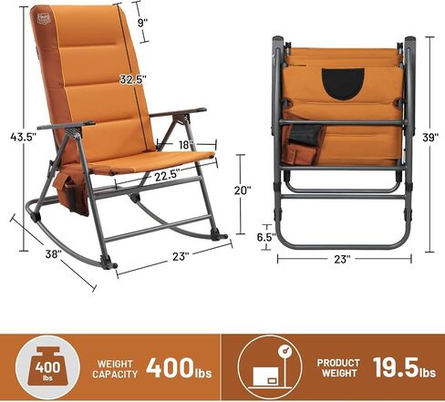 TIMBER RIDGE Oversized Folding Rocking Camping Chair, Padded Outdoor Rocker with High Back, Portable Outdoor Chair for Patio, Garden, Lawn, Supports up to 300 lbs, Grey in Kuwait