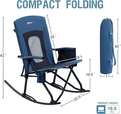 PORTAL Oversized Folding Rocking Camping Chair Portable Outdoor Rocker with High Back Hard Armrests Carry Bag, Supports 400 lbs, Mesh Back, Black in Saudi Arabia
